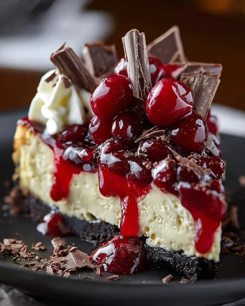 Slice of Heavenly Black Forest Cheesecake with chocolate, cherries, and whipped cream