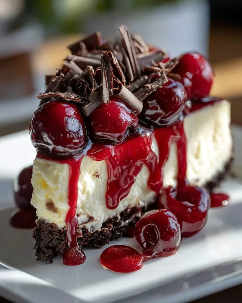 Heavenly Black Forest Cheesecake Delight with cherries and whipped cream