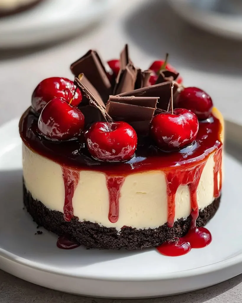 Heavenly Black Forest Cheesecake with chocolate and cherries, presented beautifully