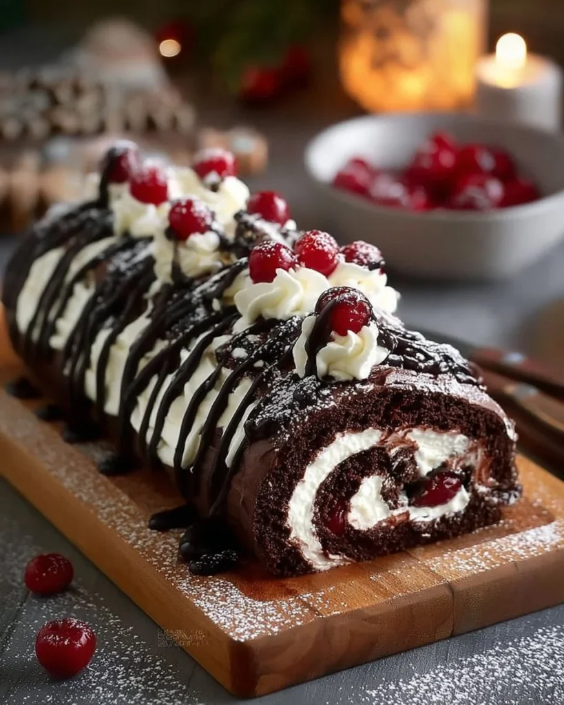Heavenly Black Forest Roll dessert with chocolate, cherries, and whipped cream