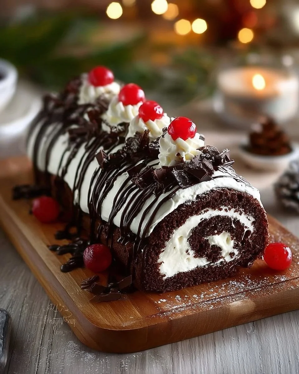 Heavenly Black Forest Roll dessert with chocolate and cherries