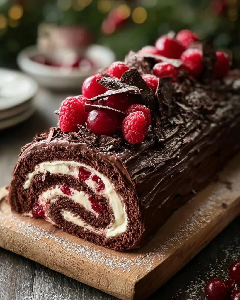 Heavenly Black Forest Roll Cake with chocolate layers and cherries