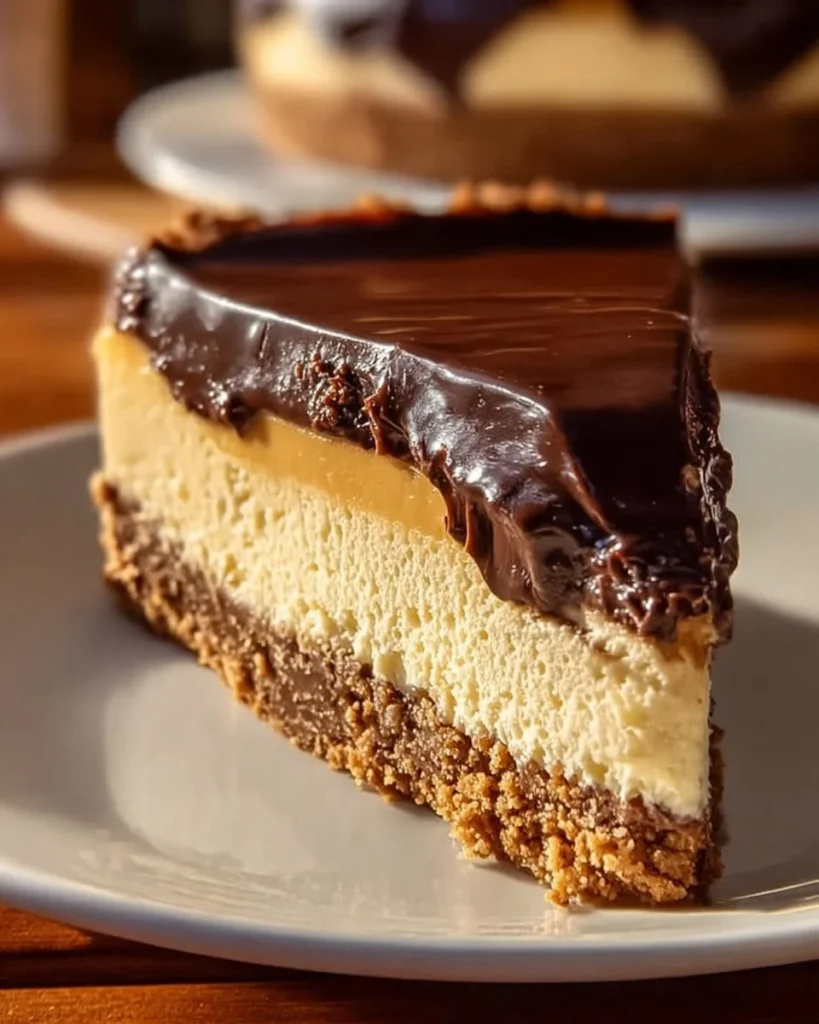 Slice of Heavenly Boston Cream Pie Cheesecake on a plate