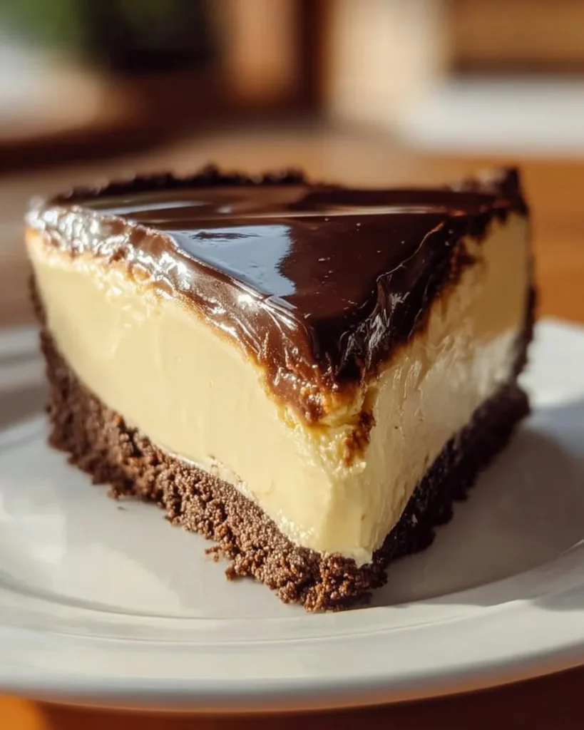 Heavenly Boston Cream Pie Cheesecake with chocolate drizzle and creamy filling
