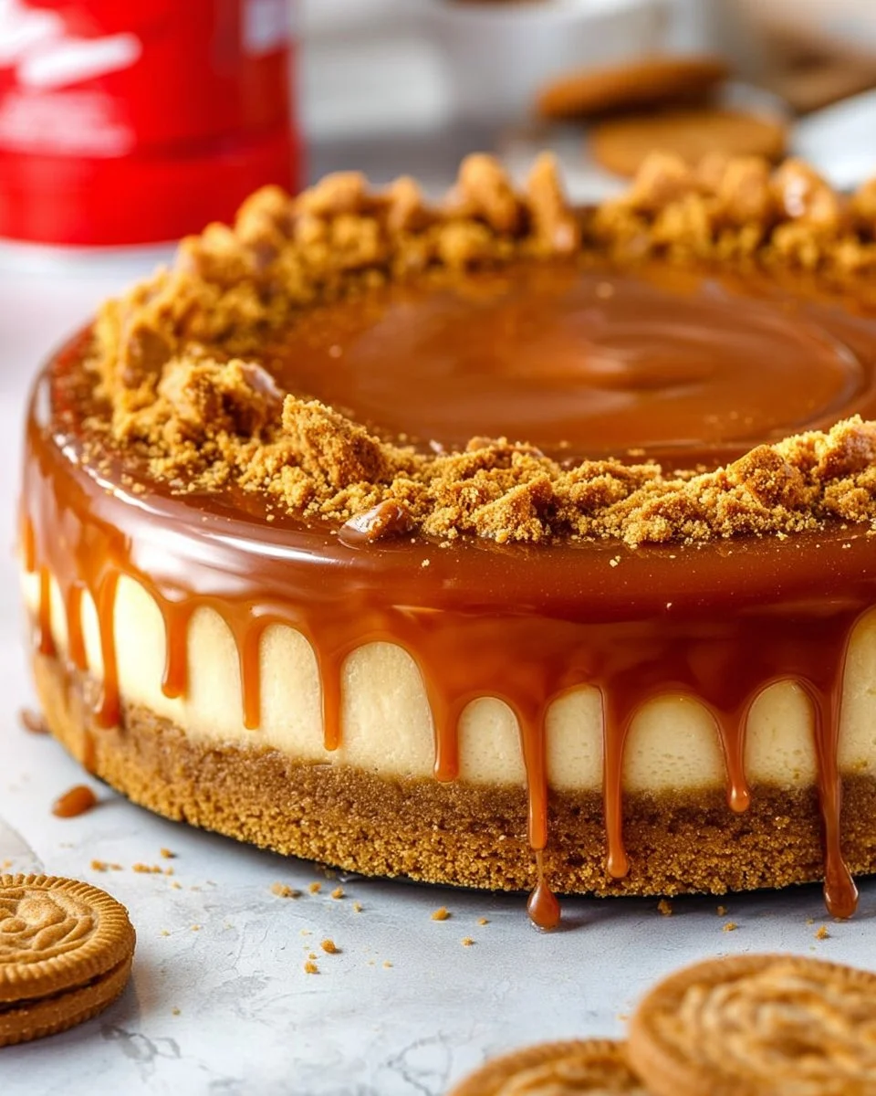 Delicious slice of heavenly caramel cheesecake topped with drizzled caramel sauce.