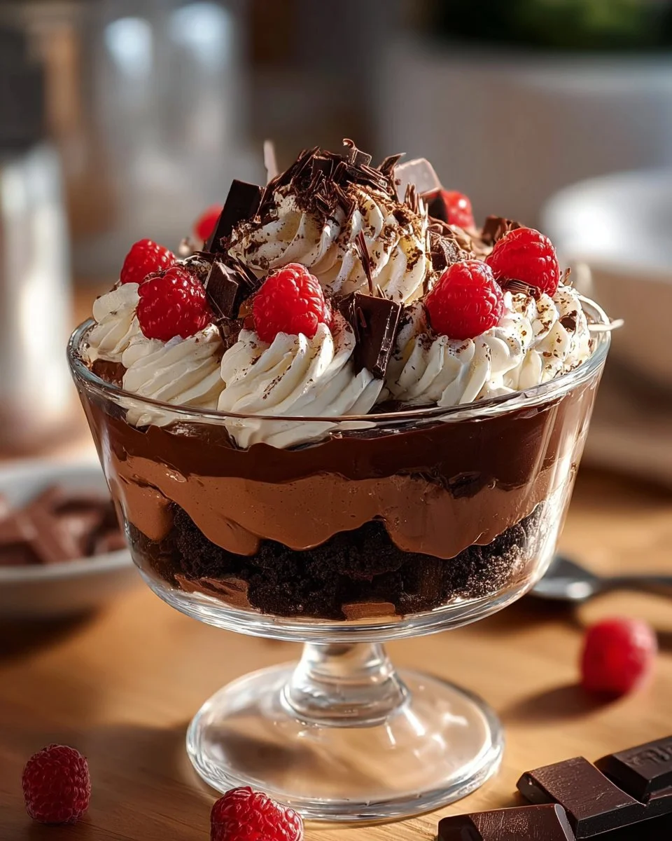 Decadent chocolate cheesecake trifle with layers of chocolate and cream.