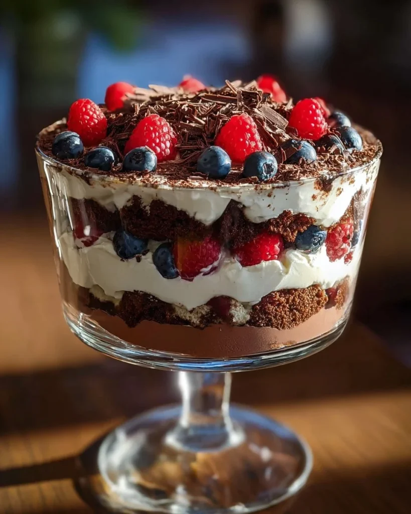 Heavenly chocolate cheesecake trifle layered with cream and chocolate goodness