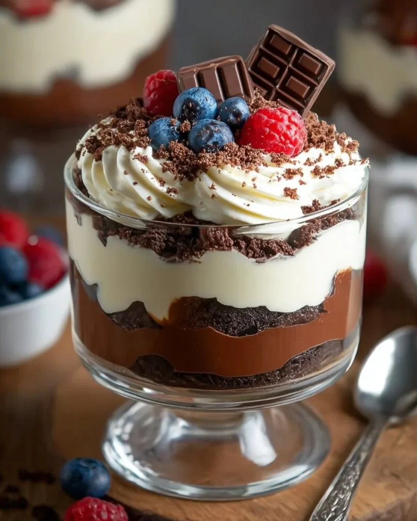 Heavenly Chocolate Cheesecake Trifle dessert with layers of chocolate cheesecake and cream.