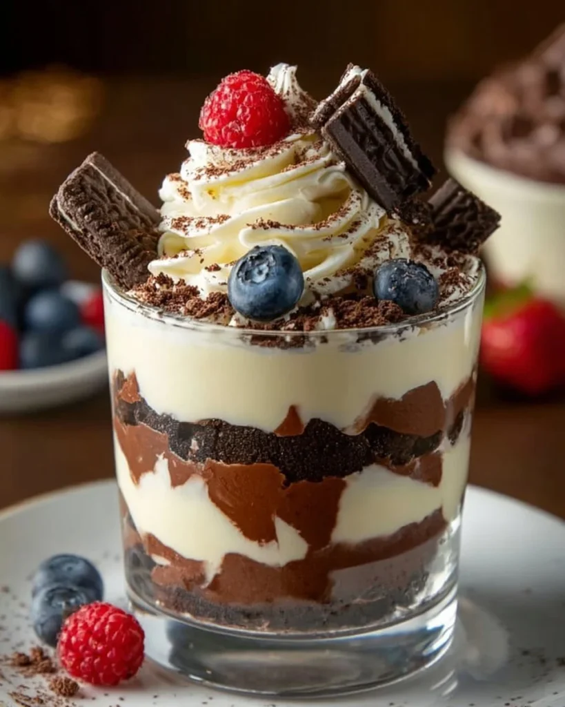 Delicious Heavenly Chocolate Cheesecake Trifle layered with rich chocolate and cream