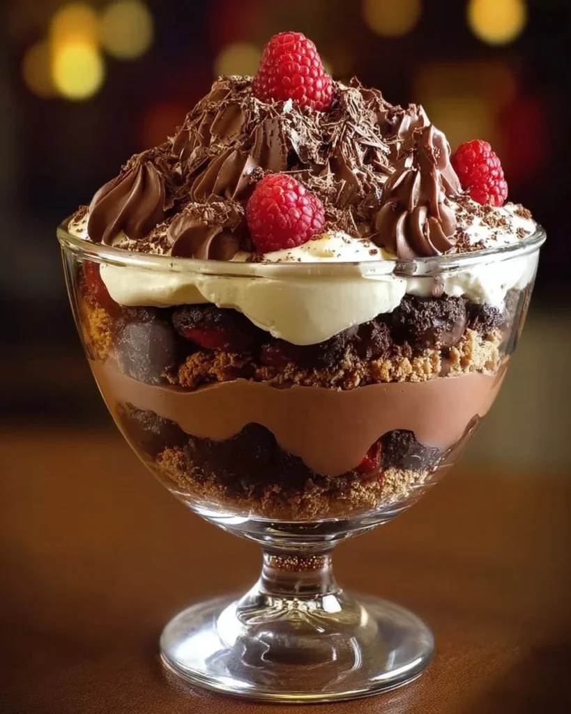 Heavenly chocolate cheesecake trifle with layers of creamy chocolate and cheesecake