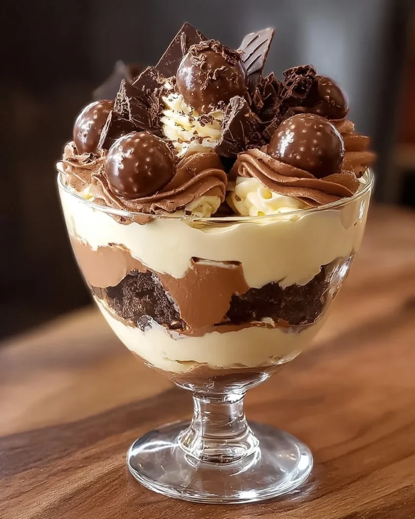 Delicious heavenly chocolate cheesecake trifle dessert in a glass.