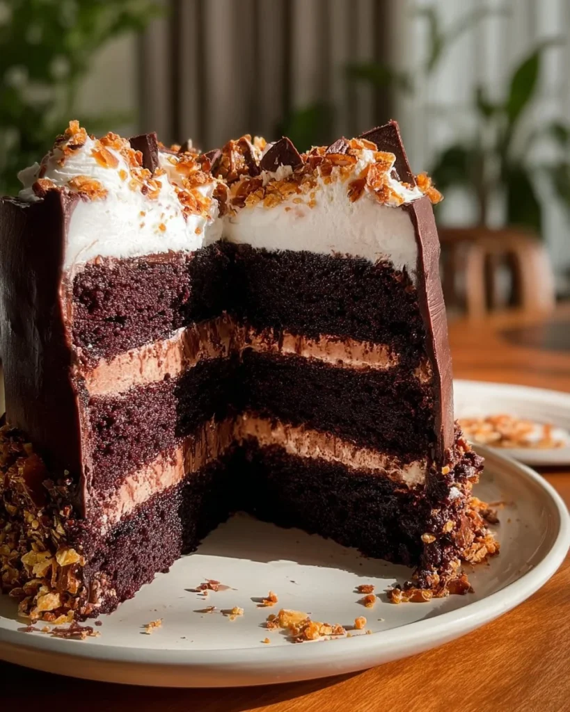 Heavenly Chocolate Marshmallow Cake with rich chocolate and fluffy marshmallow layers