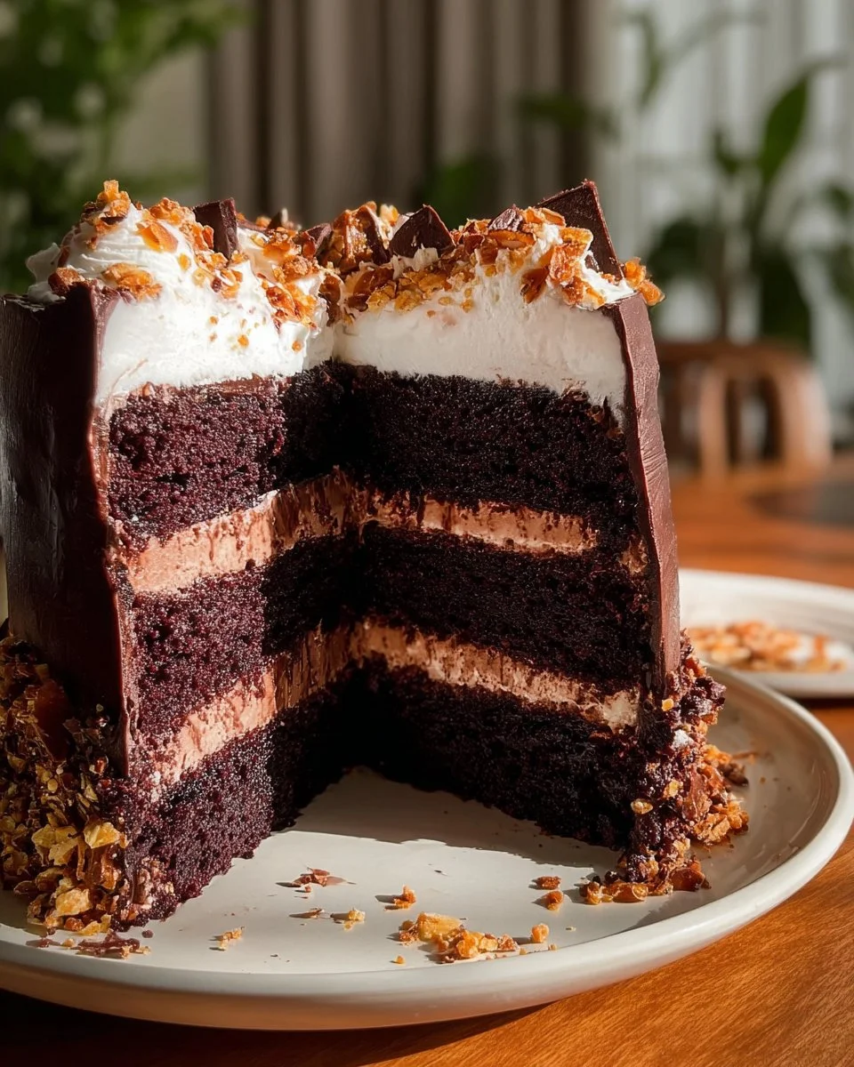 Heavenly Chocolate Marshmallow Cake with rich chocolate and fluffy marshmallow layers