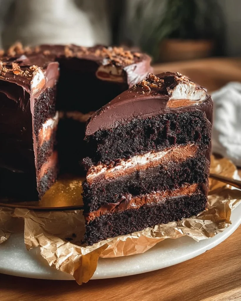 Heavenly Chocolate Marshmallow Cake with layers of chocolate and fluffy marshmallow topping.
