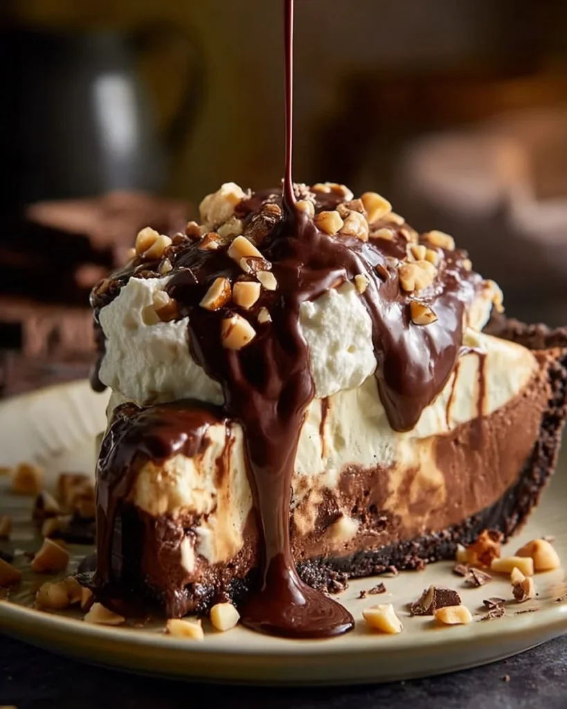Heavenly Chocolate Peanut Butter Cheesecake topped with creamy chocolate drizzle