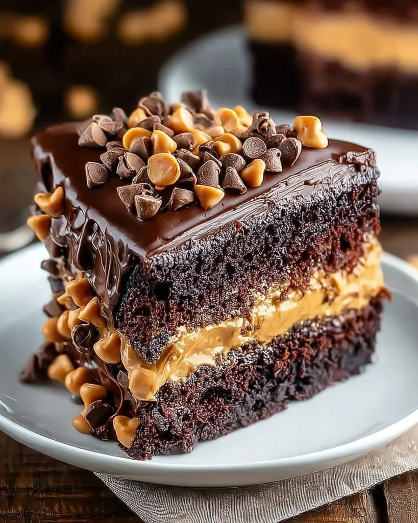 Heavenly chocolate peanut butter cake with gooey texture and rich frosting.