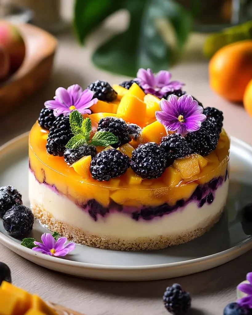 Heavenly Mango Blackberry Cheesecake topped with fresh mango and blackberries.