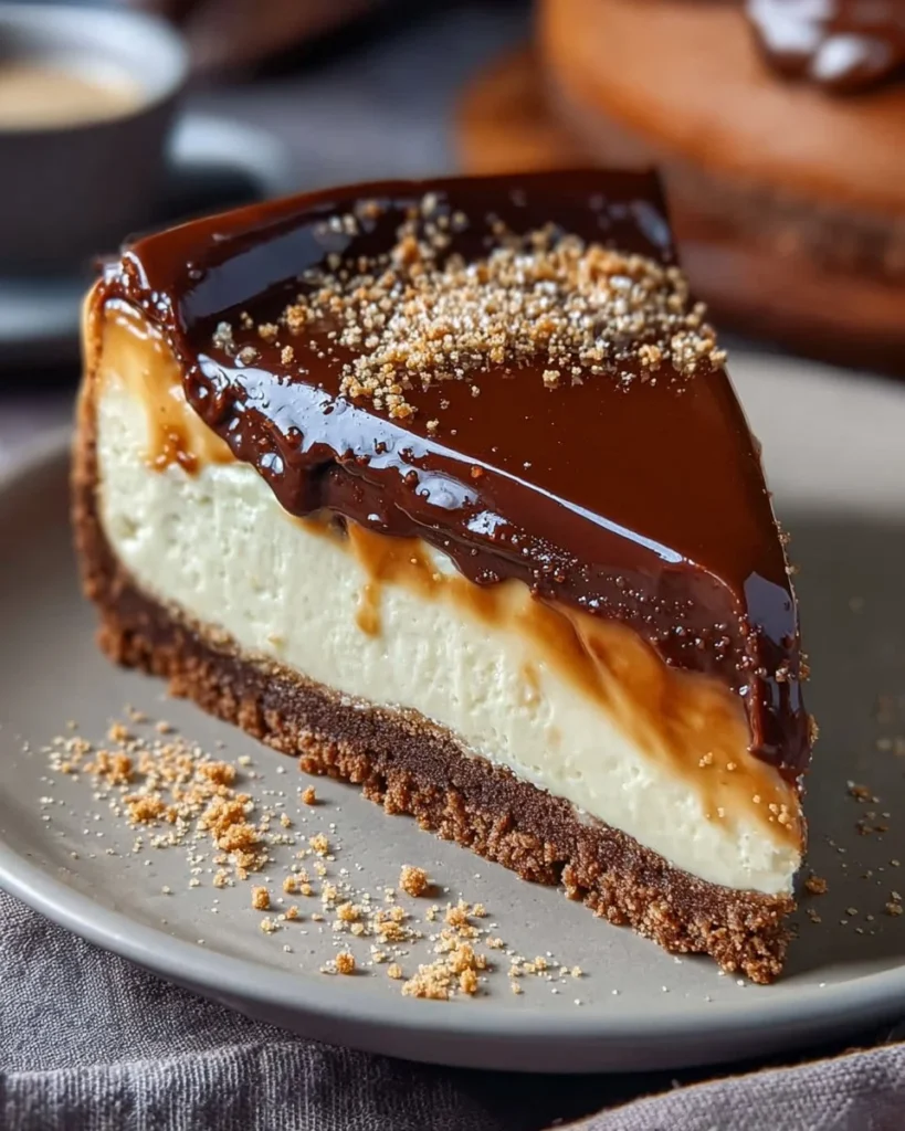 Heavenly Millionaire's Cheesecake topped with chocolate and caramel drizzle