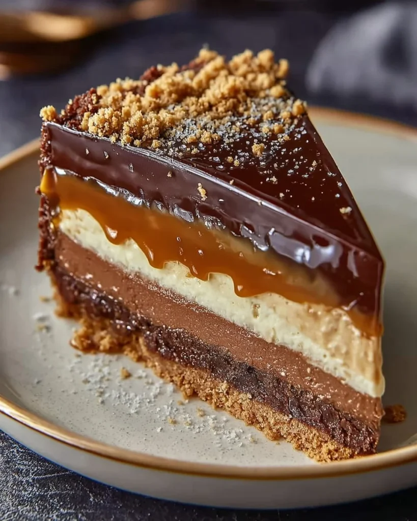 Delicious slice of Heavenly Millionaire's Cheesecake topped with caramel and nuts