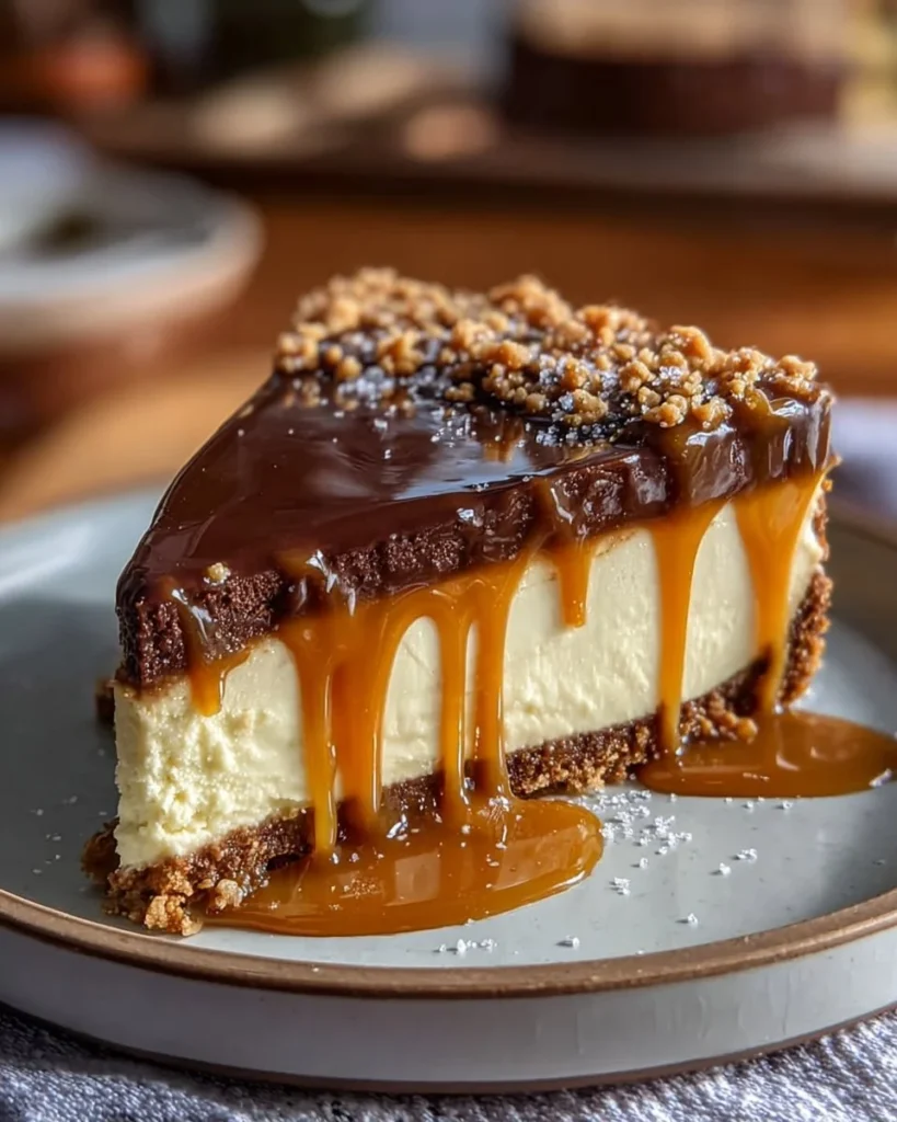 A slice of Heavenly Millionaire's Cheesecake topped with chocolate and caramel.
