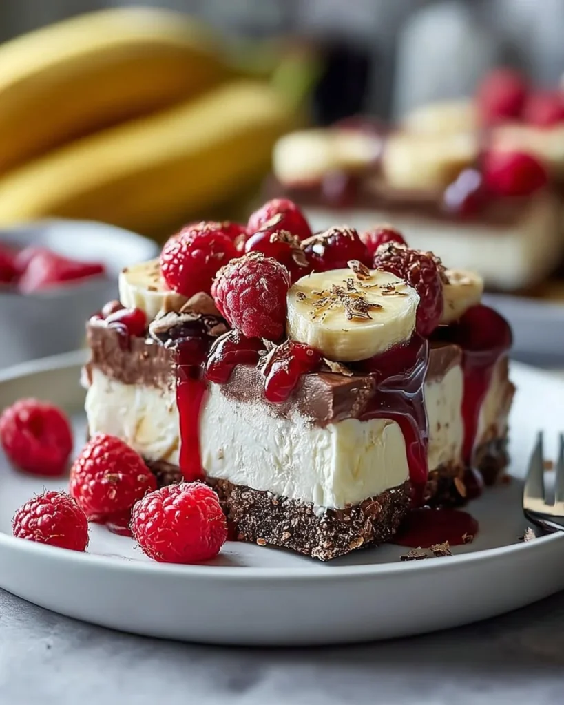 Heavenly no-bake banana split cheesecake topped with whipped cream and cherries