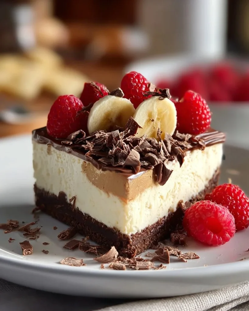 No-Bake Banana Split Cheesecake topped with cherries and banana slices