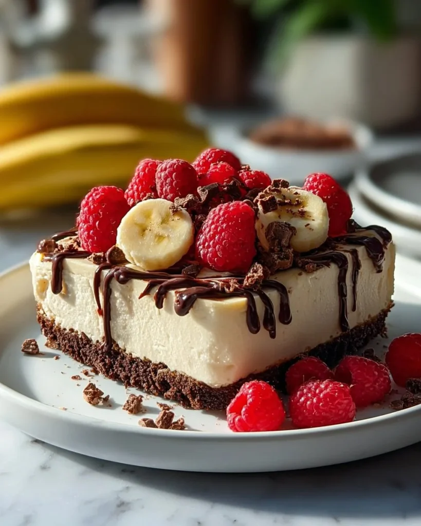 Heavenly no-bake banana split cheesecake topped with chocolate, strawberries, and bananas.