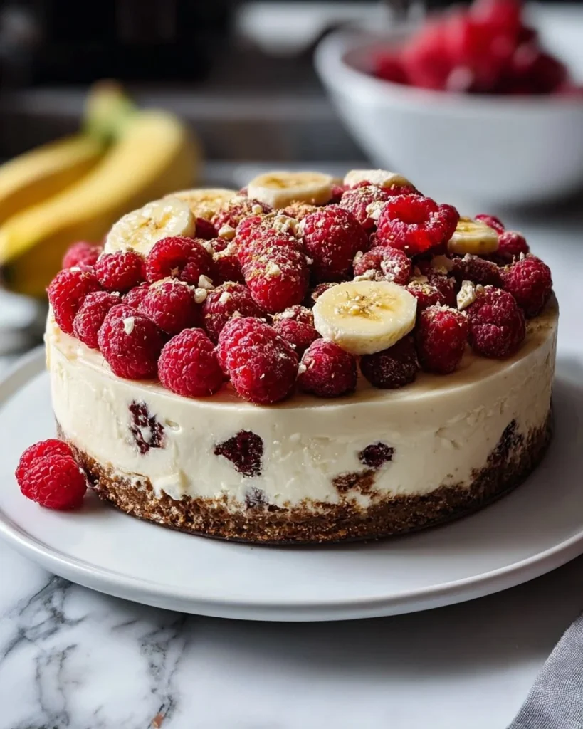 No-bake banana split cheesecake topped with whipped cream and cherries