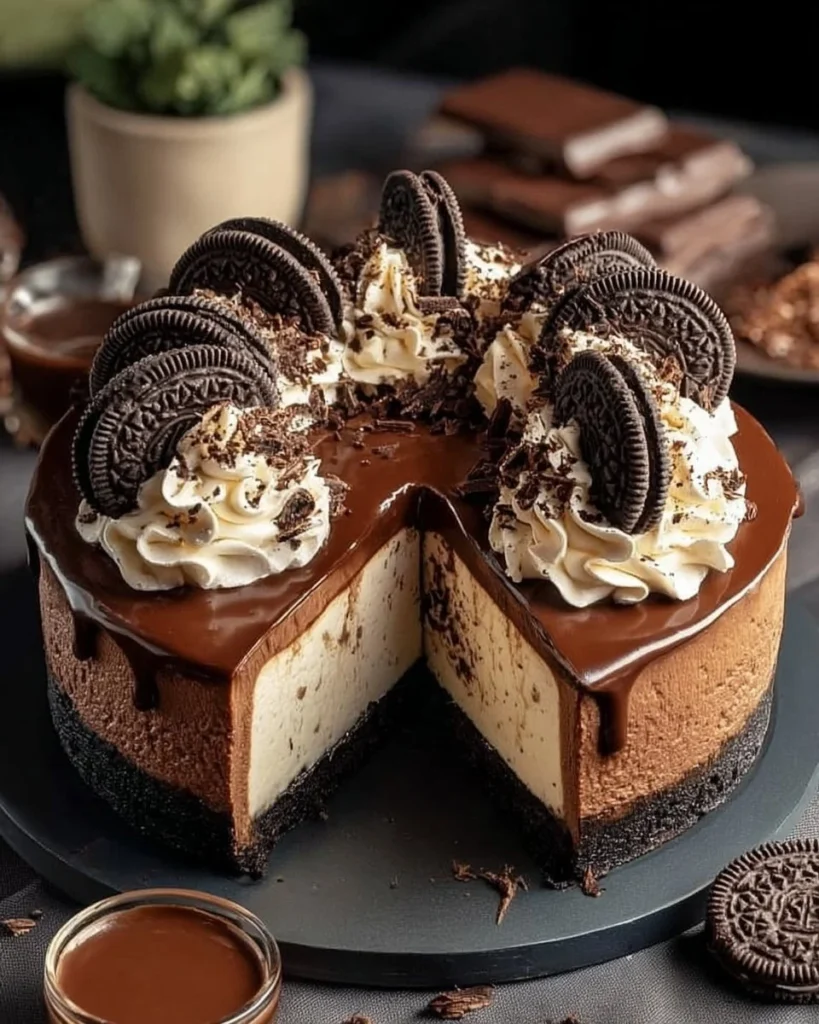Heavenly triple chocolate fudge cheesecake with Oreo base
