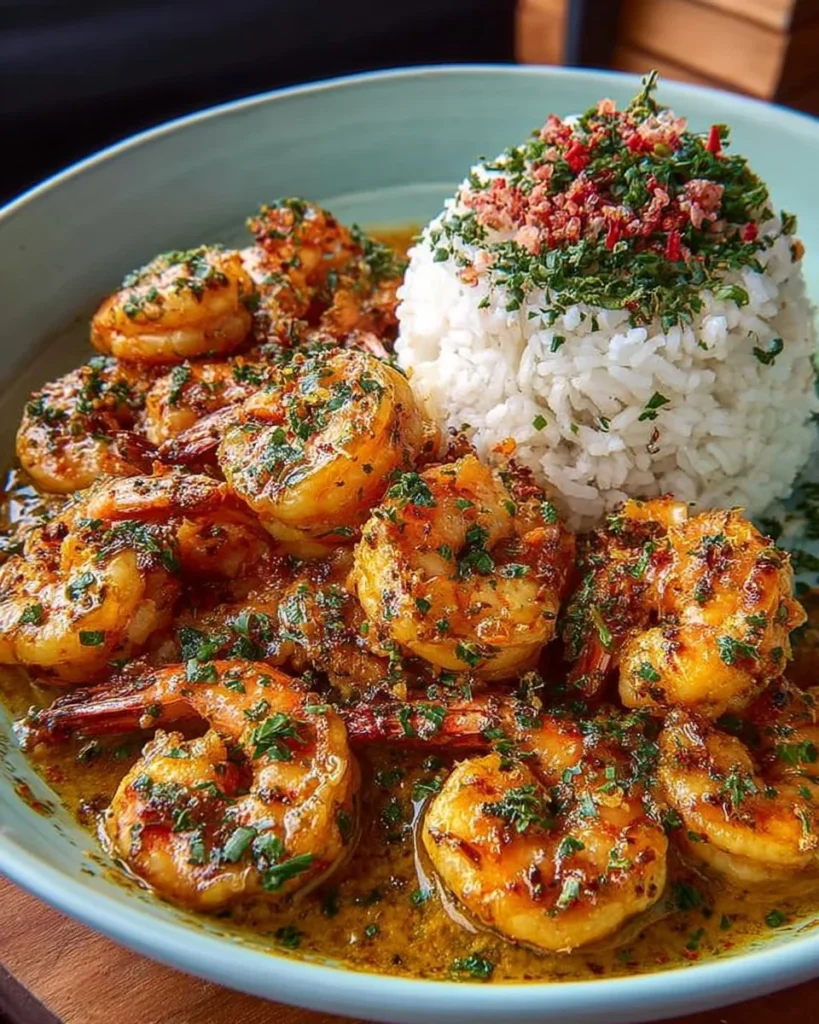 Plate of Henny Butter Shrimp garnished with herbs and served with rice.