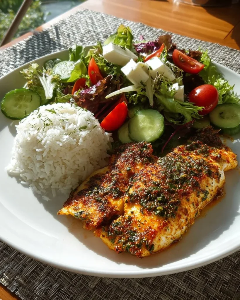 Herb-baked white fish served with rice and fresh salad on a plate.