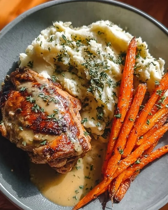 Delicious Herb Butter Chicken served with mashed potatoes and glazed carrots.