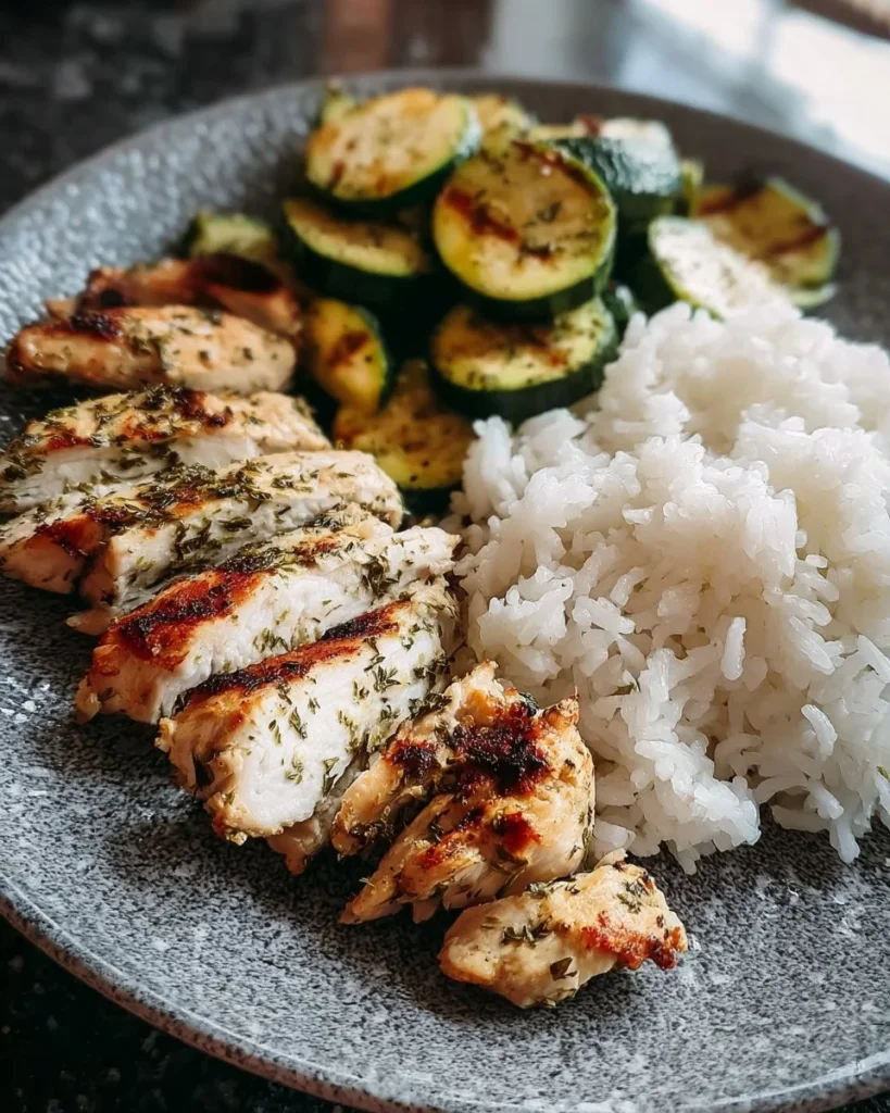 Delicious herb chicken served with steamed rice and zucchini on a plate.