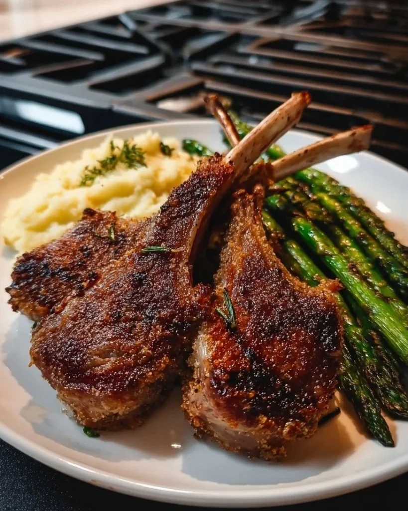 Delicious herb-crusted lamb chops served with sides for a gourmet meal.