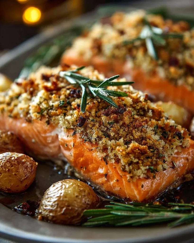Delicious herb garlic roasted salmon served with crispy potatoes