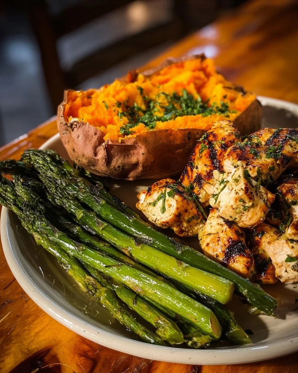 Herb grilled chicken served with asparagus and sweet potato on a plate.