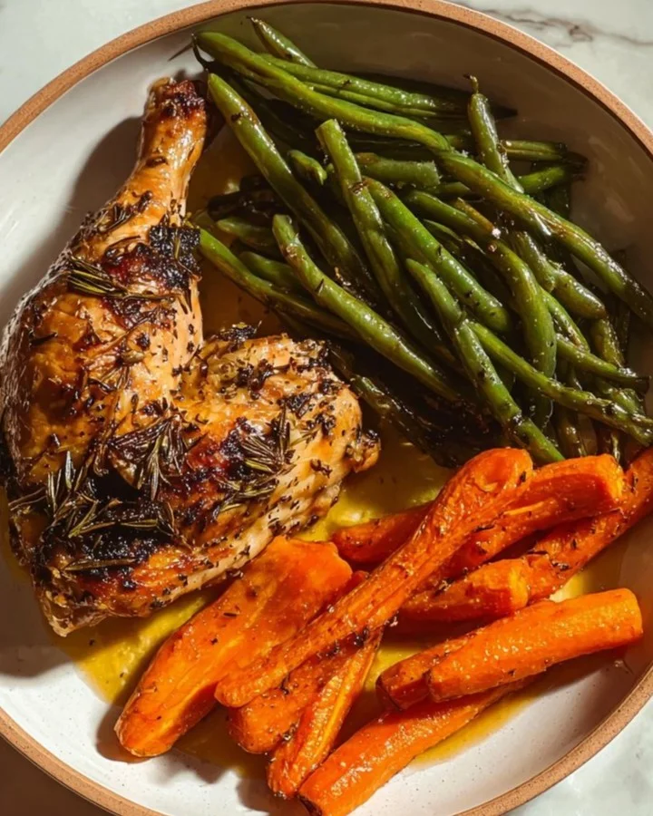 Herb-Roasted Chicken served with seasonal vegetables on a dinner plate
