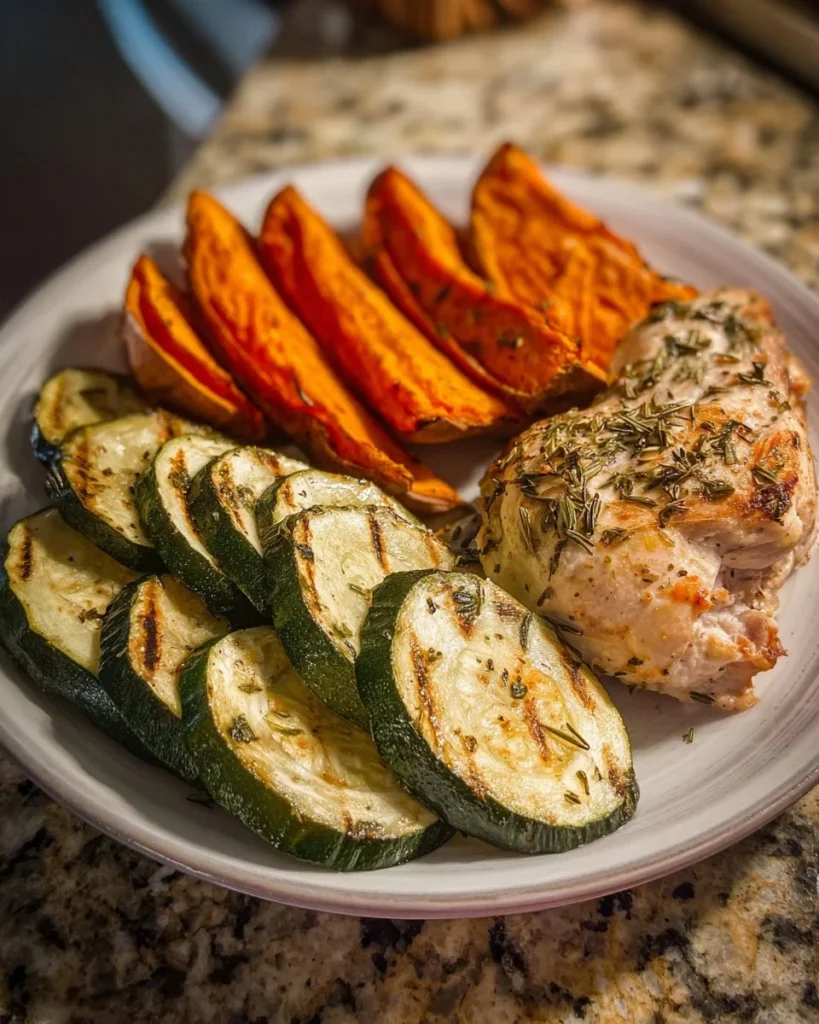 Plate of herb-roasted chicken with sweet potato and zucchini garnishes.