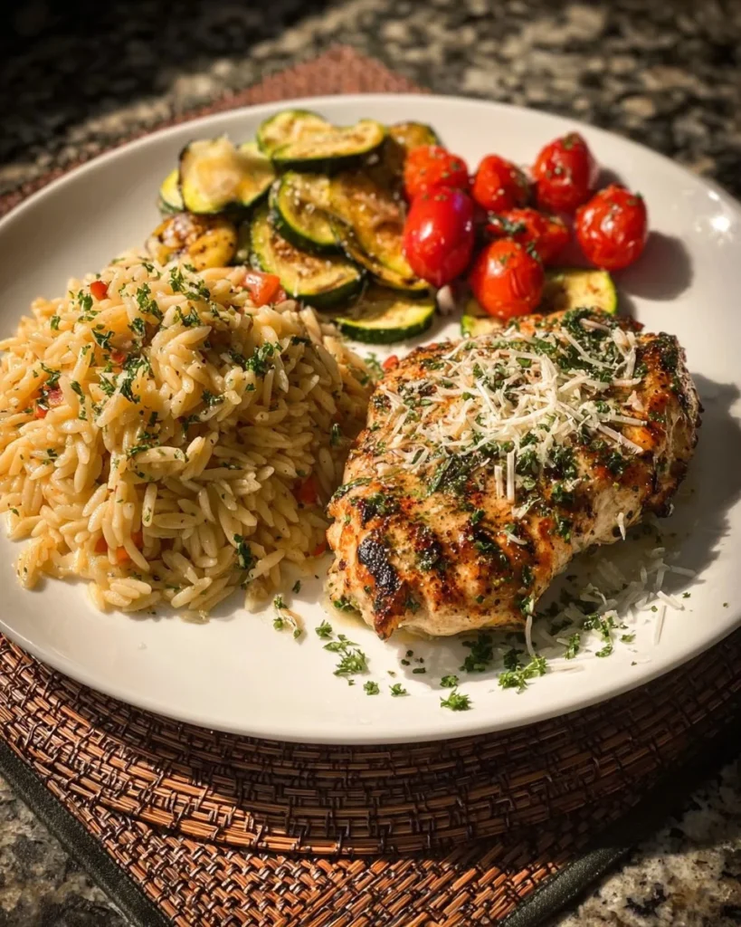 Herbed chicken served with creamy orzo and cheesy zucchini bake, garnished with herbs