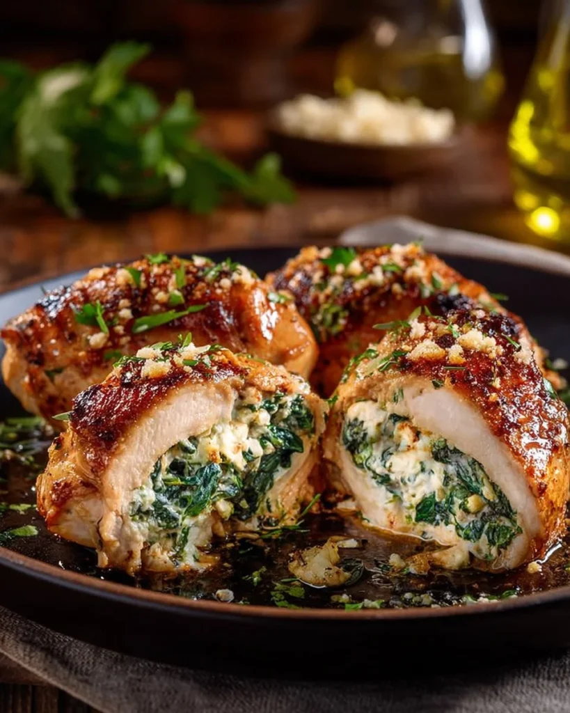 Herbed Ricotta Stuffed Chicken Rolls served on a plate