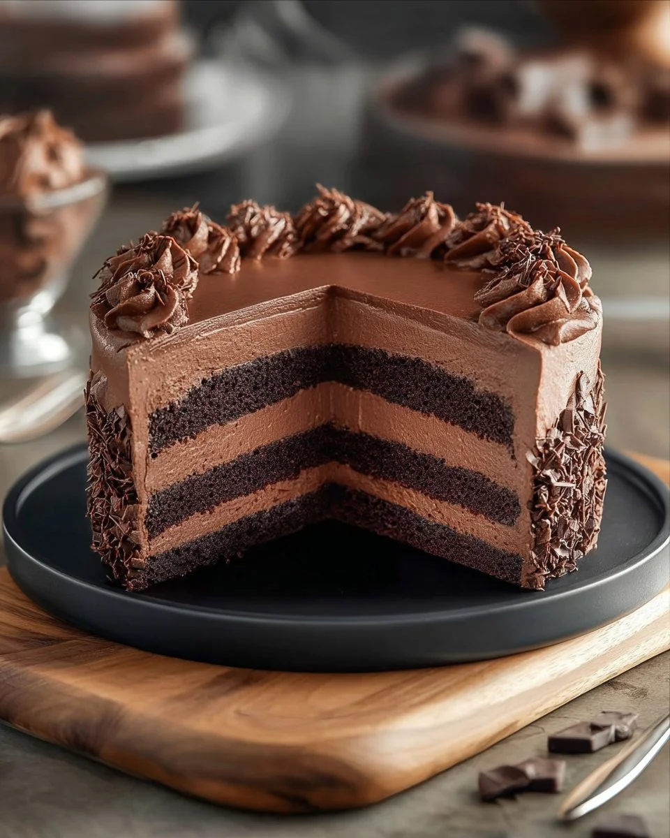 Delicious and rich Hershey Chocolate Cake topped with chocolate frosting.