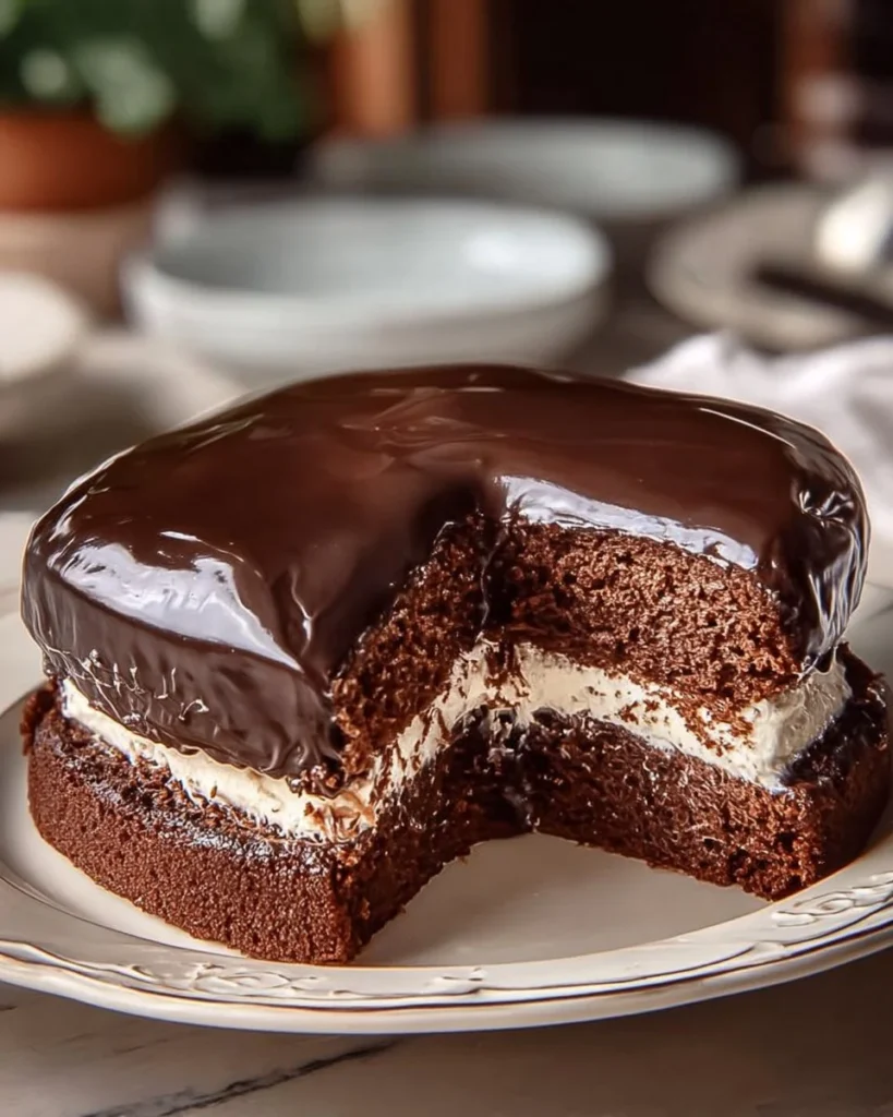 Delicious Hershey's chocolate cake topped with creamy frosting and chocolate shavings.