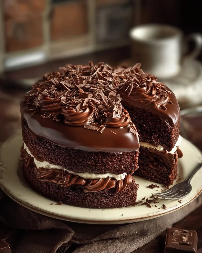 Hershey's chocolate cake with cream cheese filling on a white plate