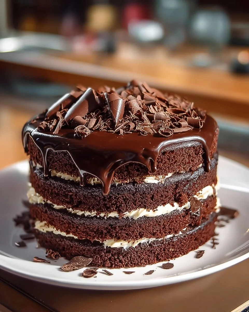 Hershey's chocolate cake with cream cheese filling on a dessert table