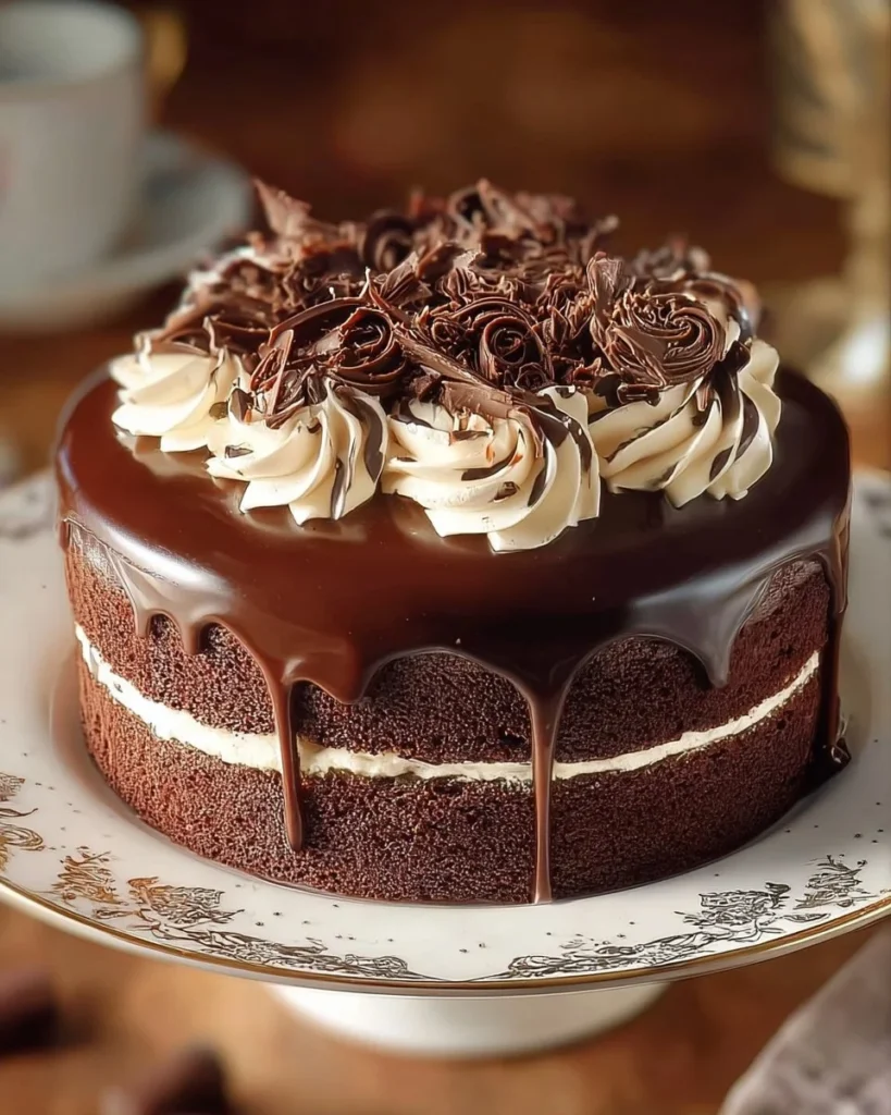 Hershey's chocolate cake with cream cheese filling beautifully presented on a cake stand.