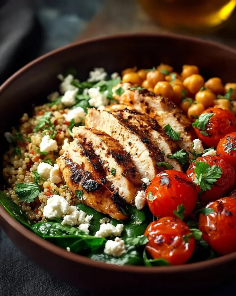 High fiber grilled chicken bowl with colorful vegetables and quinoa.