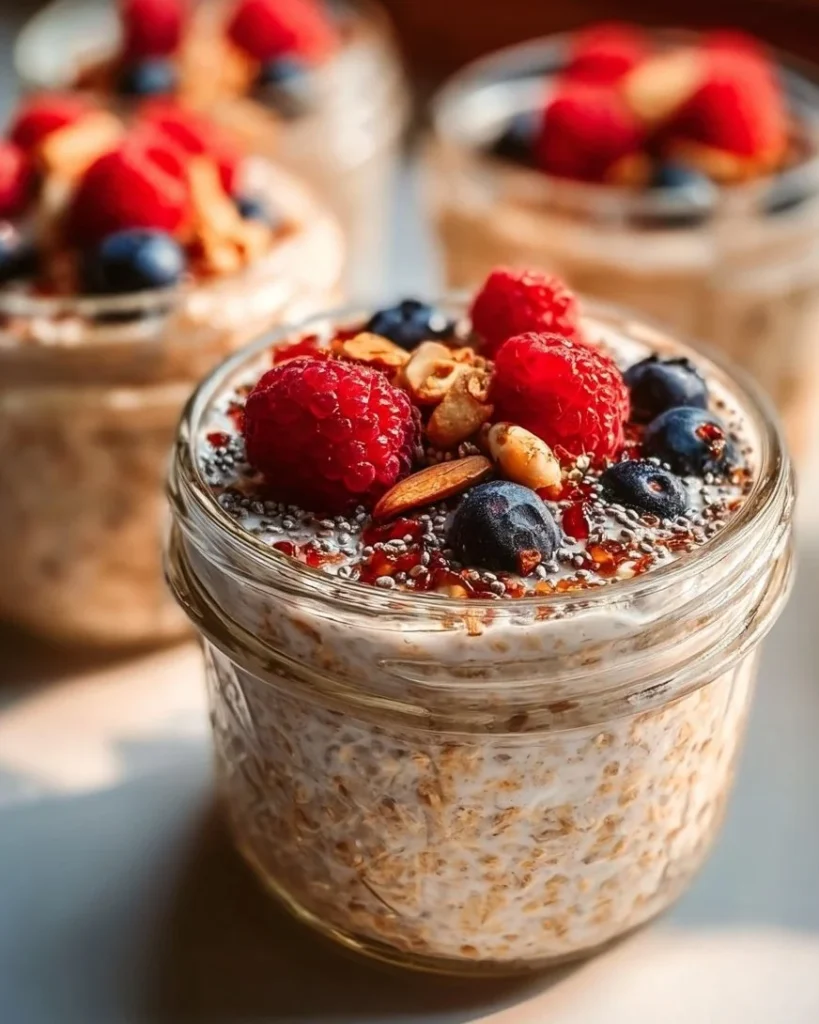 Bowl of high-protein overnight oats topped with fruits and seeds