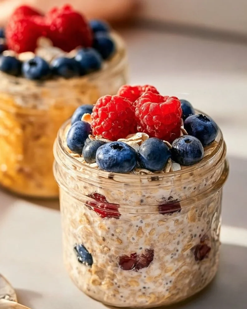 Delicious high-protein overnight oats topped with fresh fruits and nuts