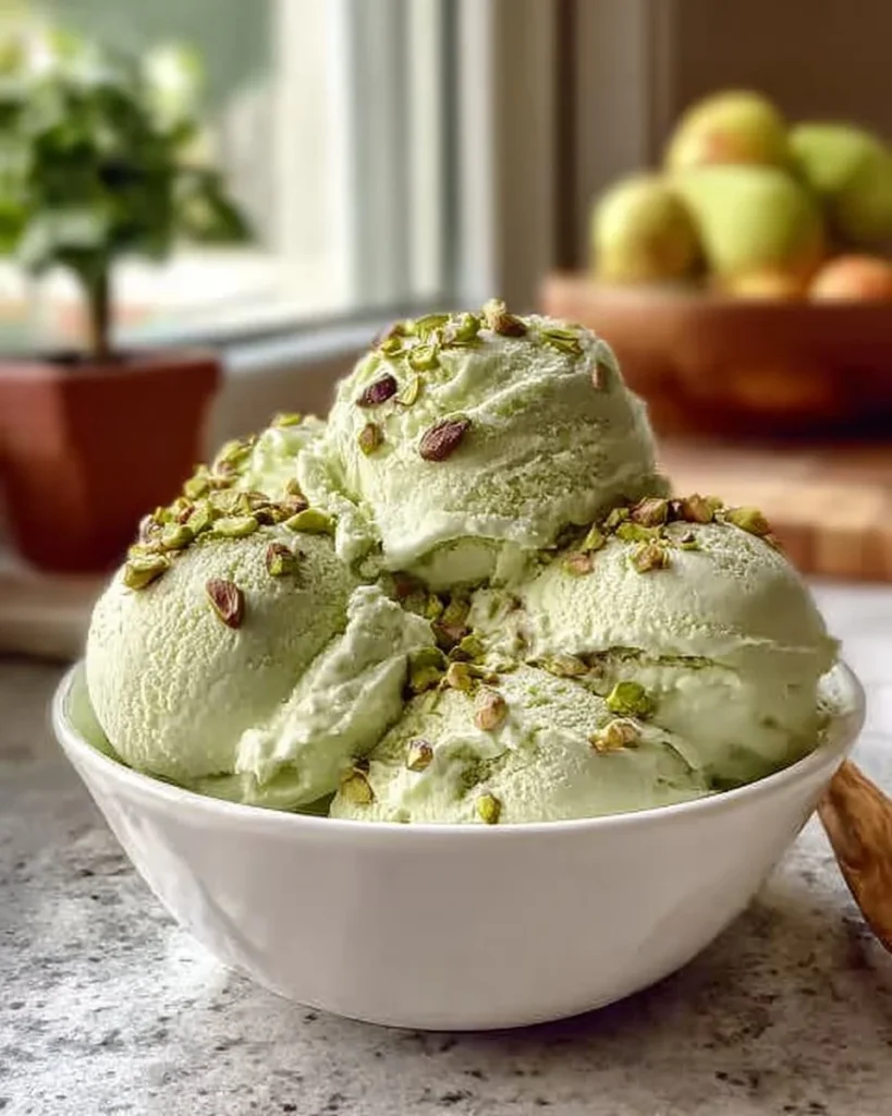 High protein pistachio ice cream in a bowl with pistachios scattered around