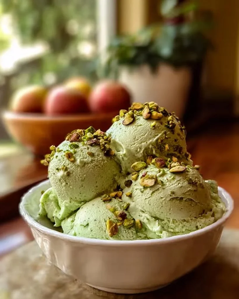 High protein pistachio ice cream with a creamy texture and nutty flavor